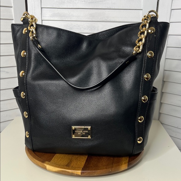 Michael Michael Kors Delancy Black Genuine Black Leather Shoulder Bag Large Tote - Picture 1 of 14
